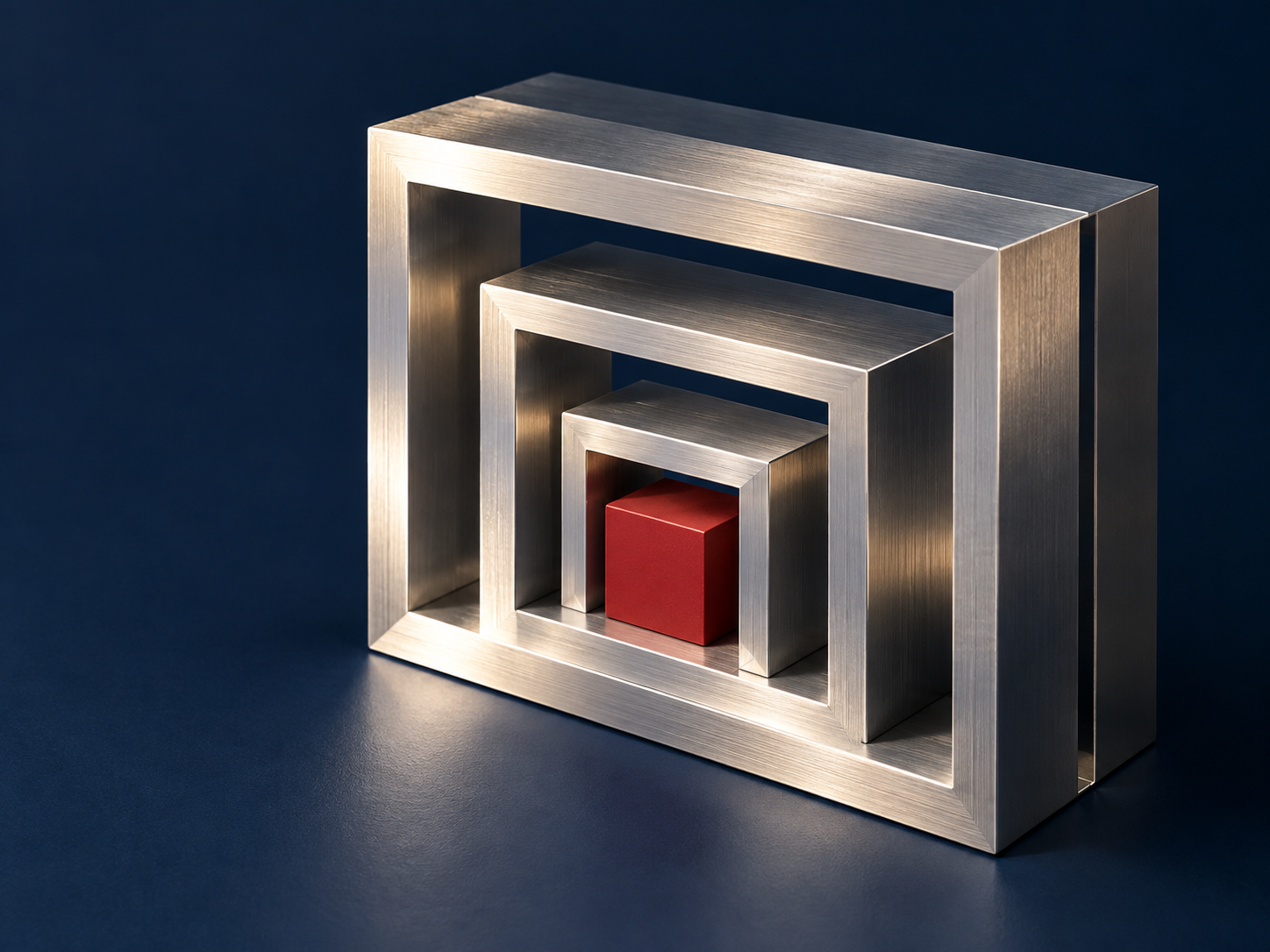 Precision-crafted metal frames surrounding a red core, an abstract expression of engineering and privacy boundaries